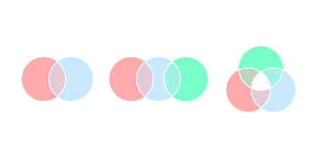 Types of color venn diagram, graph circle general intersection. Way of displaying information in the form of crossing circles. Mathematical infographic. 2, 3 intersection area. Vectorのイラスト素材