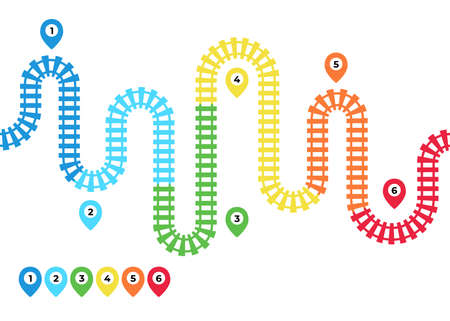 Railroad track with stations map, railway route for train. Colorful railway timeline with district location area, rail track direction with map point. Industrial maze infographic. Vector illustrationのイラスト素材