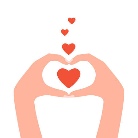 People hands showing heart love, congratulations, support, good feedback, thanks. Woman hands send hearts, like. Concept of charity, donation, help. Hands gesture give and share your love. vectorのイラスト素材
