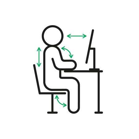 Correct health posture of sitting on computer, right ergonomic workstation. Worker sitting at desk with right pose body for healthy back. Health work position rule. Vector line illustrationのイラスト素材