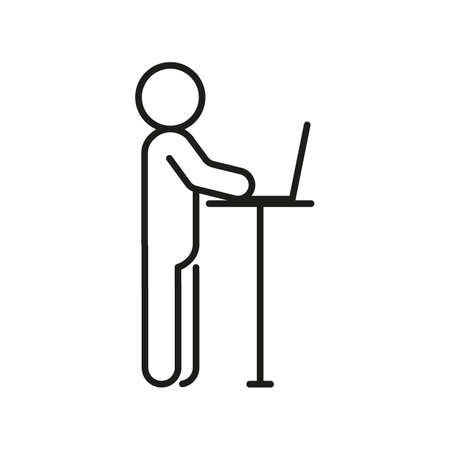 Work at computer and stand, ergonomic workplace. Correct body position. Protect health, posture. Vector outline illustrationのイラスト素材