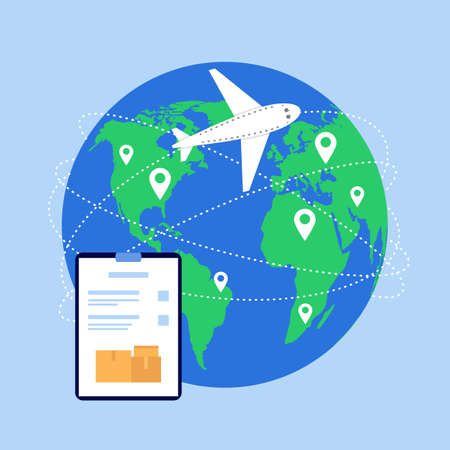 Transportation of goods around the world, globe delivery service order on airplane. international logistics. vectorのイラスト素材