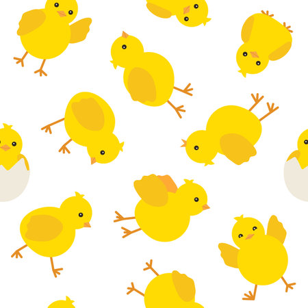 Pattern cute yellow baby chicken for easter design, seamless background. Little yellow cartoon chick. Vector illustration on white backgroundのイラスト素材