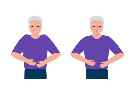 Senior man is doing breathing exercise, respiratory deep breath, exhale and inhale. Healthy yoga and relaxation for erderly. Vector illustrationのイラスト素材