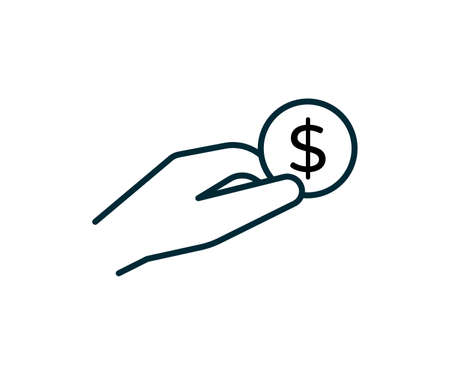 Money coin in hand line icon, salary money, price or cost. Hand holding dollar. Invest finance, save, wage. Vectorのイラスト素材