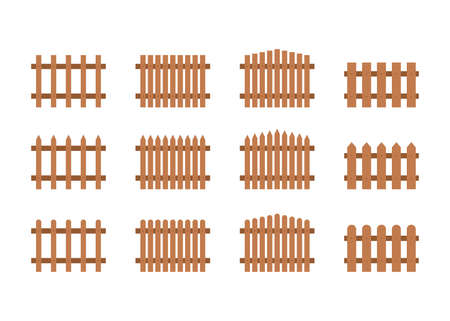 Brown wood fences, wooden decorative border, graphic boundary. Garden or house wood fencing. Rural fence on farm for animal, barrier for garden. Vectorのイラスト素材