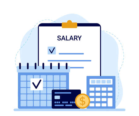 Payroll, calendar with date salary payment, pay money. Work accountant, check calculating payment, expenses. Bookkeeping Vectorのイラスト素材