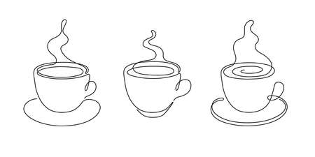 Cup of coffee or tea set, one single continuous line drawing. Simple abstract outline beautiful mug with steam beverage. vectorのイラスト素材