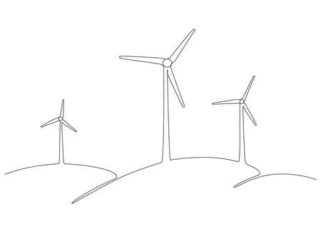 Wind mill, wind generator energy, single continuous line art drawing. Windmill tower save ecology green energy electricity. Hilly landscape with generate wind turbines. Vector outline illustrationのイラスト素材
