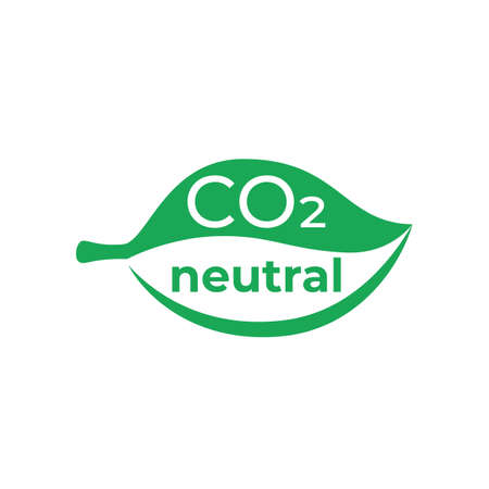 CO2 neutral sign on leaf plant, carbon emission free. Circle symbol with inscription. Eco friendly industrial production. Net zero carbon, no air atmosphere pollution. Vectorのイラスト素材