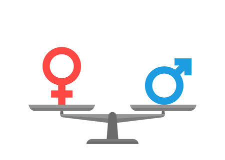 Equality of sex on weight scale, comparison man and woman in equal relation. Libra with gender signs. Vector flat illustrationのイラスト素材