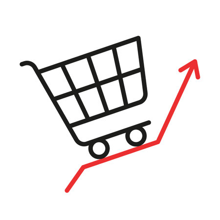 Inflation, high price and growth of food sales line icon. Shopping cart with foods on arrow up. Growth of market basket, rising commodity prices concept. consumer price index. vector illustrationのイラスト素材