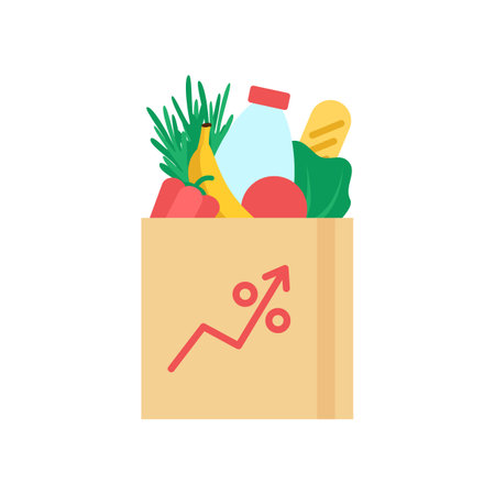 Inflation, high price and growth of food sales line icon. Shopping cart with foods on arrow up. Growth of market basket, rising commodity prices concept. consumer price index. vector illustrationのイラスト素材
