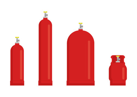 Container with propane liquid gas set. Different big and small portable cylinder balloon gas. Propane in red color package. Vector illustrationのイラスト素材