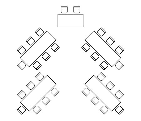 Plan for arranging seats and tables in interior on event banquet herringbone, layout graphic outline elements. Chairs and tables signs in scheme architectural plan. Furniture, top view. Vector lineのイラスト素材