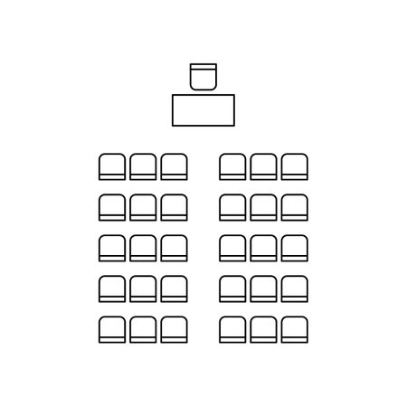 Set of plan for arranging seats in interior, auditorium with place spectators, classroom, theater, lecture hall, layout outline elements. Scheme chairs and tables icons. Furniture top view.Vector lineのイラスト素材