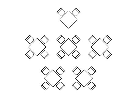 Plan for arranging seats and tables in interior square on event banquet, layout graphic outline elements. Chairs and tables signs in scheme architectural plan. Furniture, top view. Vector lineのイラスト素材