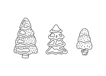 Christmas pine tree set, outline doodle style. Sketch for coloring. Vector illustrationのイラスト素材