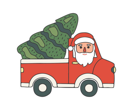 Christmas character Santa Claus transportation gree tree on car, doodle style. Hand drawn traditional character in winter holiday season, fir delivery. Vectorのイラスト素材