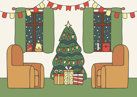 House living room with tree and gift, interior with furniture decorated for holiday. Inside house stand spruce, armchair. Card on winter holiday. Vectorのイラスト素材