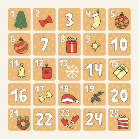 Advent calendar, countdown numbers before Christmas holiday. Winter holiday, december dates festive events. Hand drawn doodle style. vectorのイラスト素材