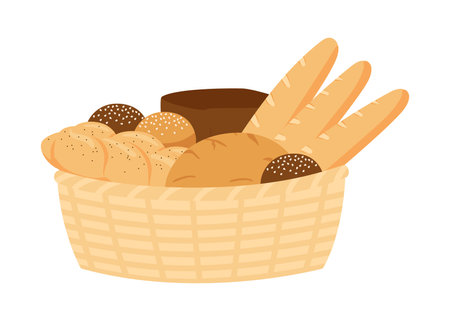 Wicker basket with pastry bread from wheat, whole grain and rye, bakery food, bun. Loaf, bread brick, toast bread, french baguette, challah. vectorのイラスト素材