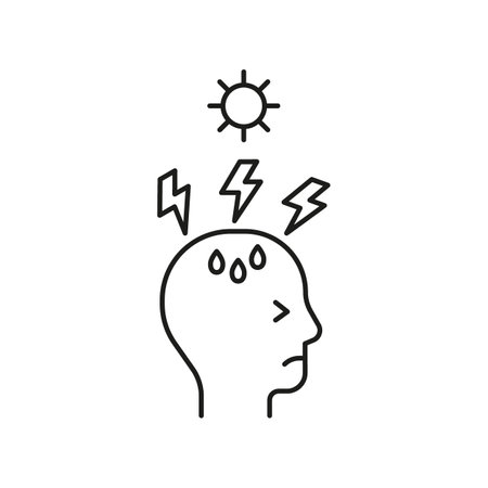 Risk to have heat stroke from sun. High body temperature, sweat, headache, dehydration. Vectorのイラスト素材