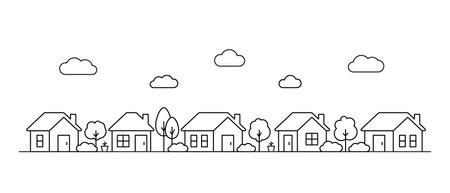 Neighborhood small house, line art. Street building, real estate architecture, apartment. Facade home in country city landscape. Vector illustrationのイラスト素材