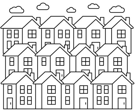 Neighborhood house pattern, line art. Street building, real estate architecture, apartment. Facade home in country city landscape. Vector illustrationのイラスト素材