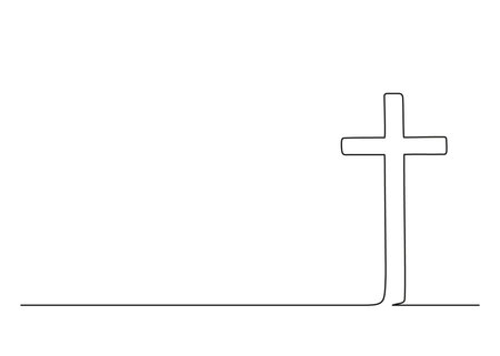 Catholic cross with copy space background, continuous single line drawing. Traditional religion symbol. Church sign cross one line art. Vector illustrationのイラスト素材