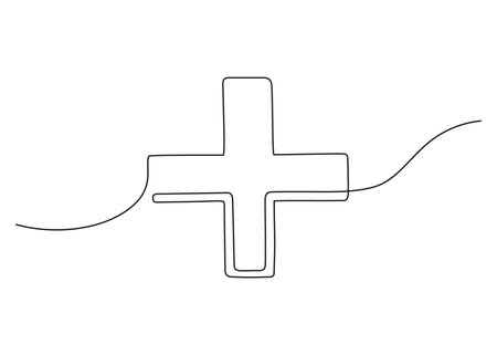 Medical cross one continuous art line drawing. Single black line. Medical help sign icon. Hand drawn doodle sketch. Vectorのイラスト素材