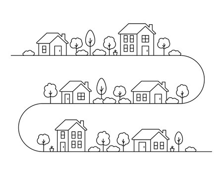 Neighborhood house, line art. Street building, real estate architecture, apartment. Facade home in country city landscape. Vector illustrationのイラスト素材