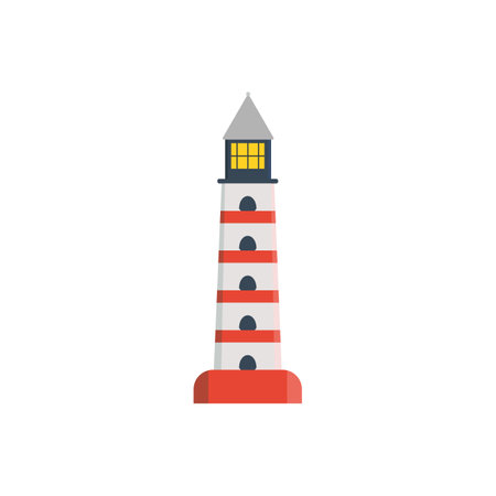 Lighthouse, tower for signal beacon. Building on sea coast landscape. Element in simple flat style. Sign of lighthouse for safety and tourism. Vectorのイラスト素材