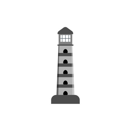Lighthouse, tower for signal beacon. Building on sea coast landscape. Element in simple flat style. Sign of lighthouse for safety and tourism. Vectorのイラスト素材