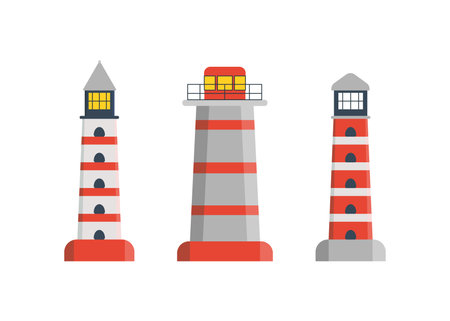 Lighthouse set, tower for signal beacon. Building on sea coast landscape. Element in simple flat style. Sign of lighthouse for safety and tourism. Vectorのイラスト素材