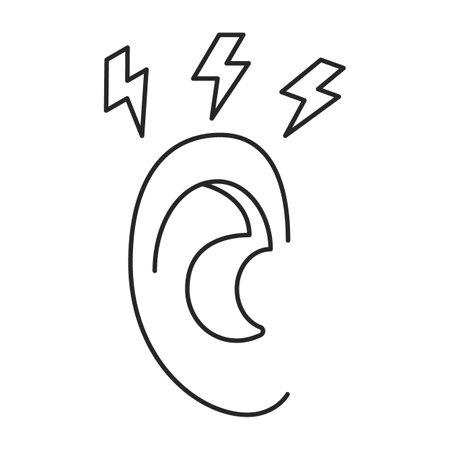 Human ear with pain and tinnitus line art icon, ringing in ears. Hear loud noise, earache. Diseases of hearing organ or neurology problem. Vectorのイラスト素材