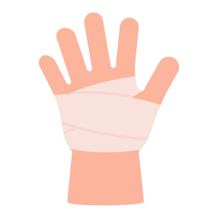 Child hand with bandage. First aid in case of accident, protection in case of burn of skin, physical trauma, wound. Clean bandage, patch. Injury human hand. Vectorのイラスト素材
