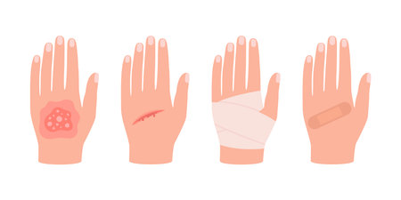 Physical injury human hand with burn of skin, open cut, bleeding wound. First aid clean bandage and patch. Vectorのイラスト素材