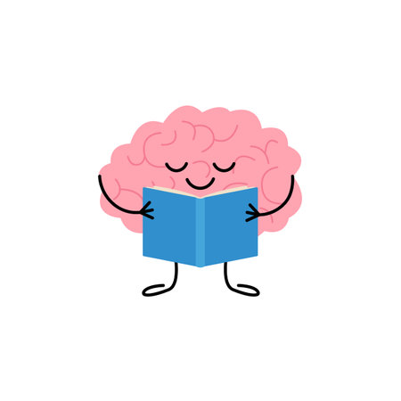 Brain with book, cute child character for knowledge, education. happy brain reading book. vector illustrationのイラスト素材