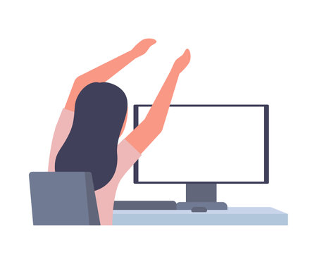 Woman sits back at table computer and stretching, doing exercises. Girl practicing workout at workplace in break. Removing tension and muscle soreness for rest relaxation. Vectorのイラスト素材
