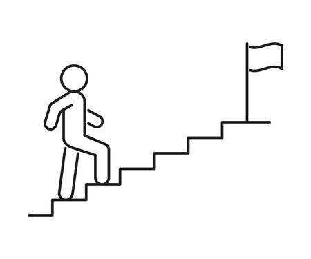 Stairs up person to goal, line icon. Stairway, steps direction to flag. Moving upstairs in work, career. Editable stroke. Vectorのイラスト素材