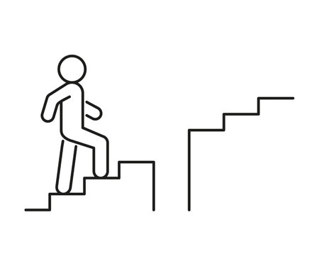 Stairs up person with obstacle, line icon. Stairway, steps with difficulty. Moving upstairs in work, career. Editable stroke. Vectorのイラスト素材
