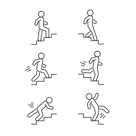 Stairs up and down person walk, run and fall, line icon set. Stairway, steps direction sign. Safe moving upstairs and downstairs, rise and descend. Editable stroke. Vectorのイラスト素材