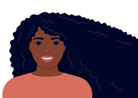 Young woman with long flowing hair. Black african girl care for hair on head. Template for beauty salon, hair salon, shampoo or Womens Day, 8th March. Vectorのイラスト素材