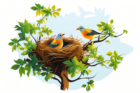 Two birds in nest on tree. Couple chick character. Symbol spring Cartoon style illustration. Generative AIの素材