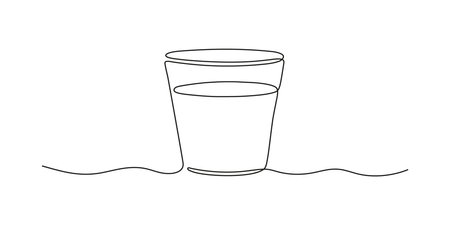 Glass with water, one continuous line drawing. Glass with beverage, drink. Black simple minimalism line. Vector outline illustrationのイラスト素材