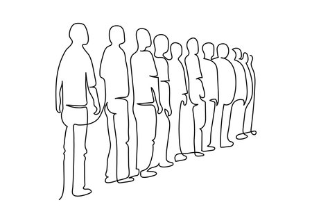 Group of people standing in queue, continuous one line drawing. Crowd of people silhouette waiting...