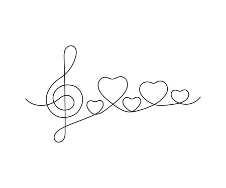 Music note in form heart and treble clef, continuous one art line drawing. Music is love concept. Hand drawn doodle sketch. Vectorのイラスト素材