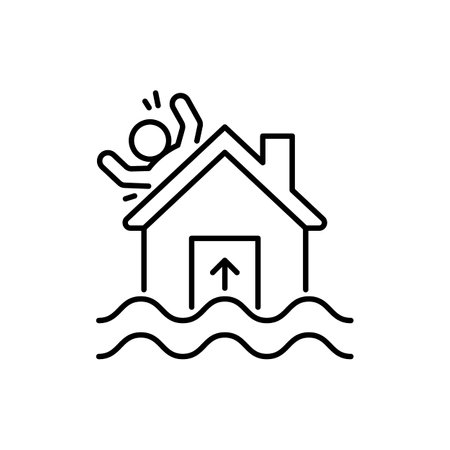 Flood, natural disaster, house and people in water, line icon. Countryside area with flooded building. Water stream flow at street with cottage house. Rescue person. Vectorのイラスト素材