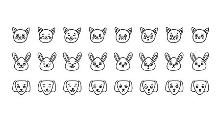 Cat, dog and bunny head different facial expressions, line doodle character set. Hand drawn outline emotion on animal face muzzle. Happy, angry, sad and other mood. Vectorのイラスト素材